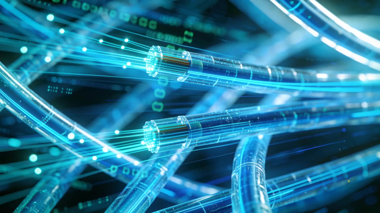 Panning camera revealing blue fiber conduits pulsing light across digital network, with connectors