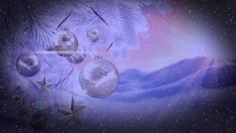animación de nevadas sobre estrellas colgantes y bolas contra un fondo abstracto