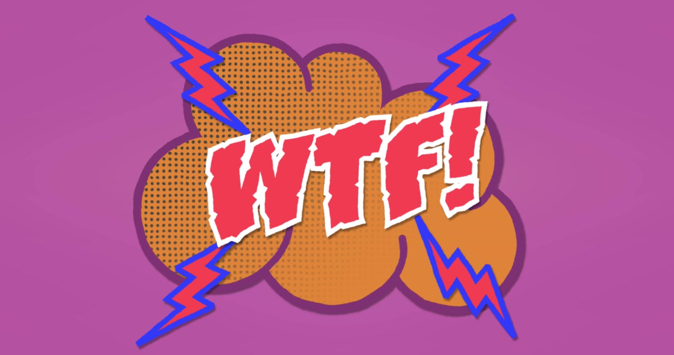 Animation of wtf text over retro cloud speech bubble and flashes on pink background