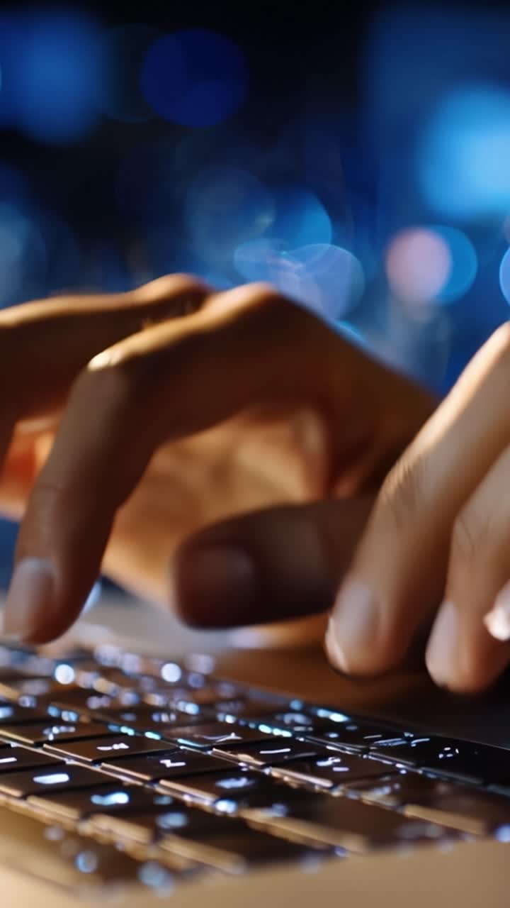 Close-up of hands typing on a laptop keyboard in a dimly lit environment, showcasing the intricate details of motion and light effects for a modern digital workspace