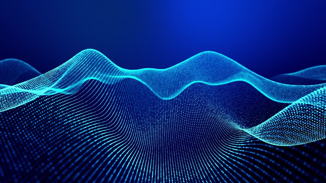 4k looped abstract background of glow particles form lines, surfaces as futuristic landscape in cyberspace or hologram. Sci-fi theme of microworld, nanotechnology or cosmic space. Blue 18