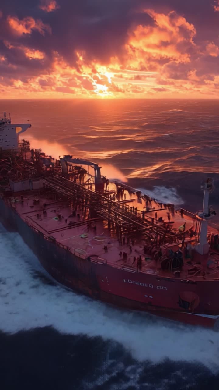 Una suggestiva scena marittima che mostra una nave da carico che naviga attraverso acque vibranti al tramonto, con onde dinamiche che riflettono il cielo colorato sovrastante.