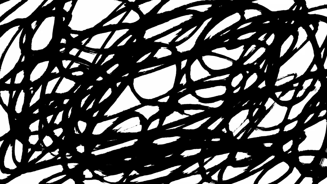 Pennellate astratte dinamiche di inchiostro nero in movimento su bianco