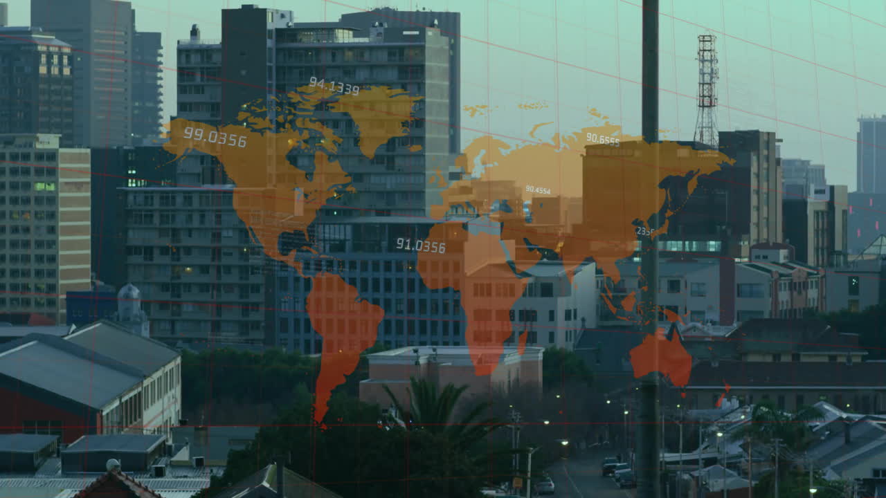 animación del mapa del mundo y procesamiento de datos financieros sobre el paisaje urbano