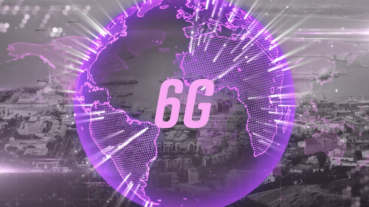 animación de texto 6g, paisaje urbano y conexiones