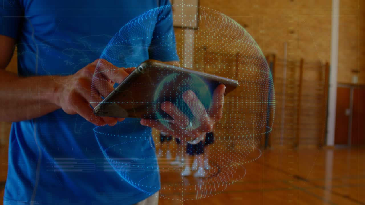 Teacher holding tablet and tapping, projecting holographic globe, guiding students into gym cluster