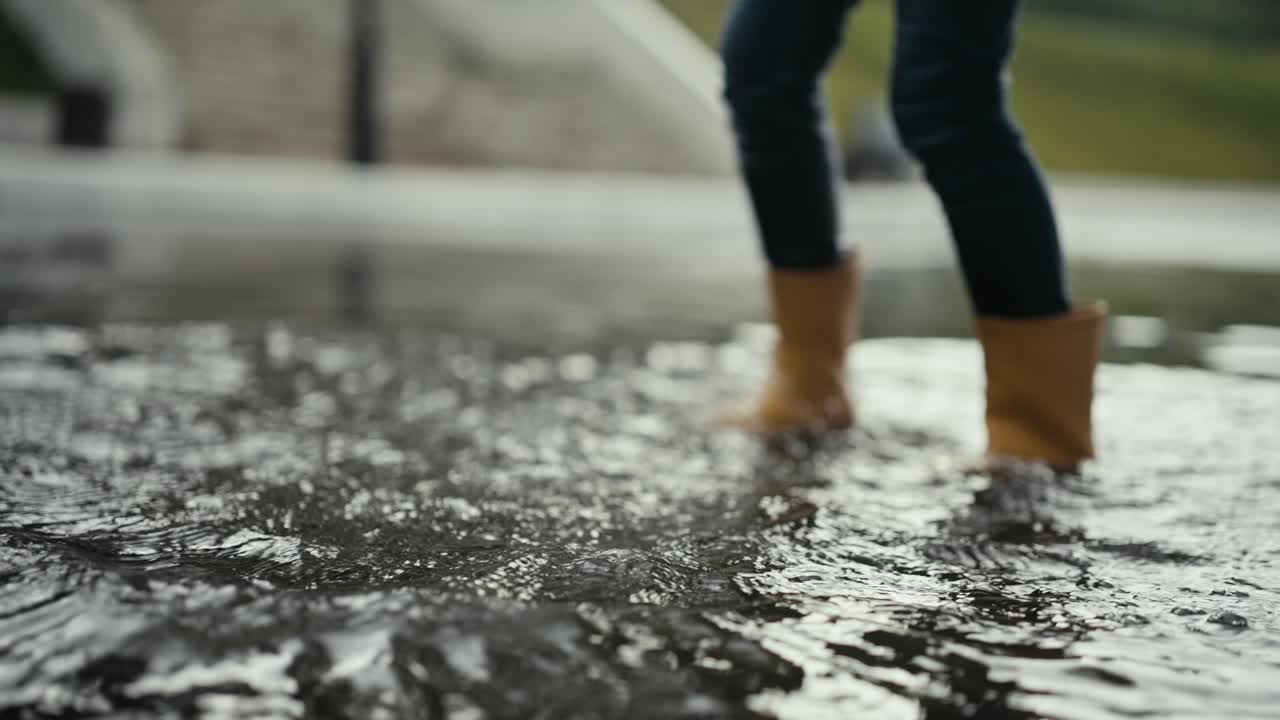 A teenager in orange boots actively walks through a large puddle and pushes the water from side to side on the street during the rain