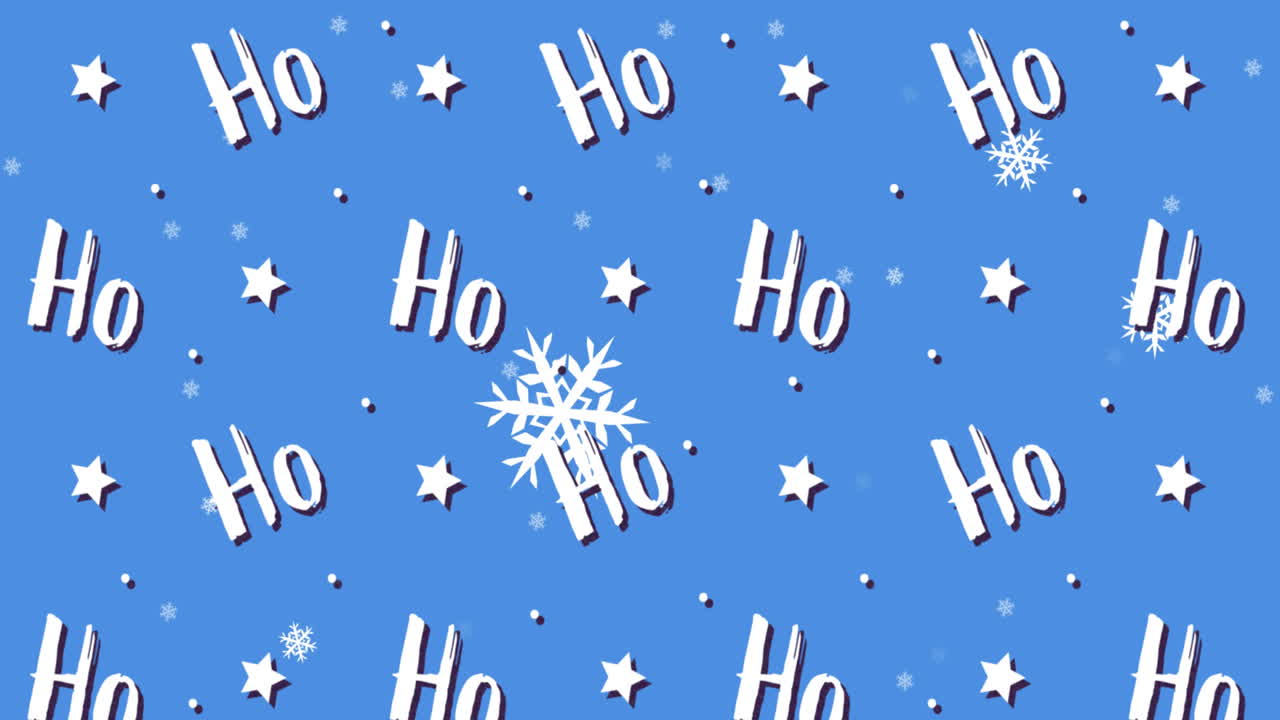 파란색 배경에 있는 여러 개의 ho 텍스트와 별 위에 움직이는 눈송이의 디지털 애니메이션