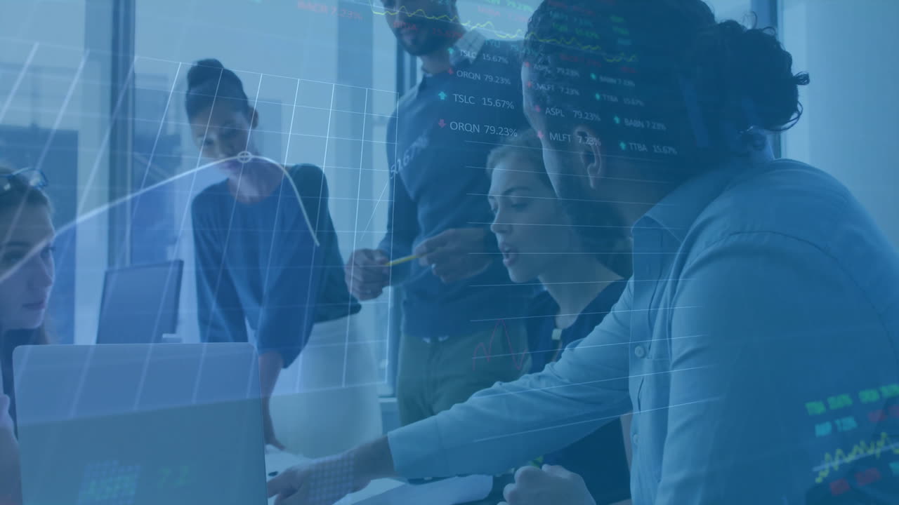 Animation of financial data processing over diverse colleagues discussing work in office