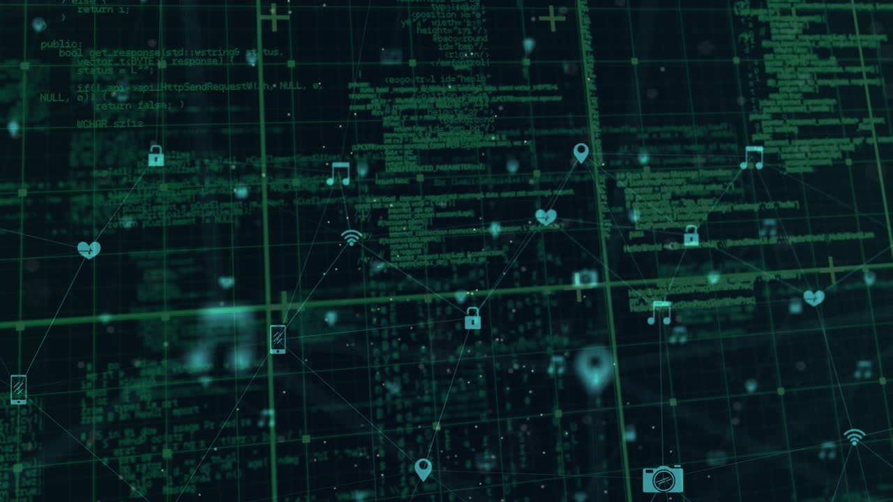 animación de la red de conexiones con iconos y procesamiento de datos sobre fondo negro