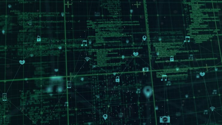 Animation of network of connections with icons and data processing on black background