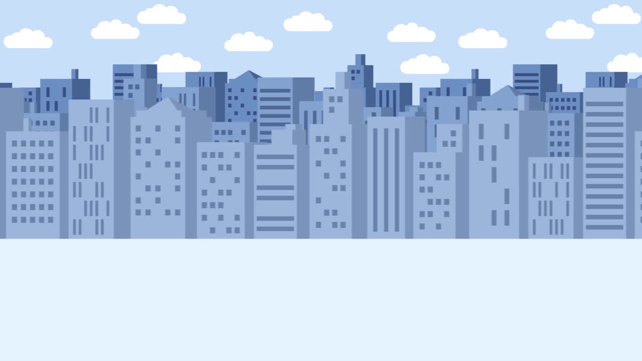 Donna d'affari che cade nel buco. Sfondo di edifici. Concetto di rischio. Illustrazione in loop in stile piatto.
