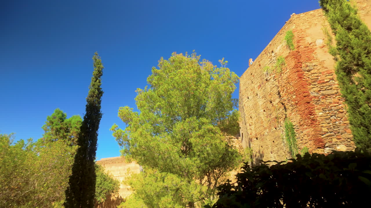 Upward view of the stone walls of the Gibralfaro fortress in Málaga, Spain, with lush green trees against a bright blue sky, combining nature and history in a serene environment