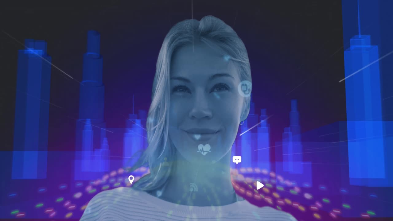 retrato de una mujer contra un modelo de ciudad en 3d