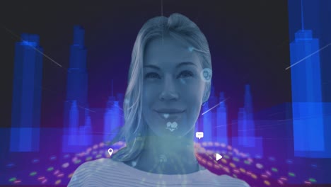 retrato de una mujer contra un modelo de ciudad en 3d