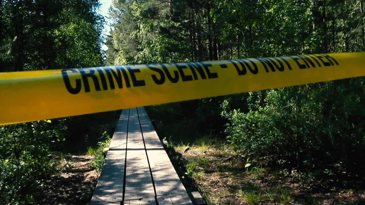 Slowly panning footage of vibrant colored yellow crime scene do not enter tape pulled in front and hanging above a marshland bog wetland wooden boardwalk during a sunny day between trees and foliage