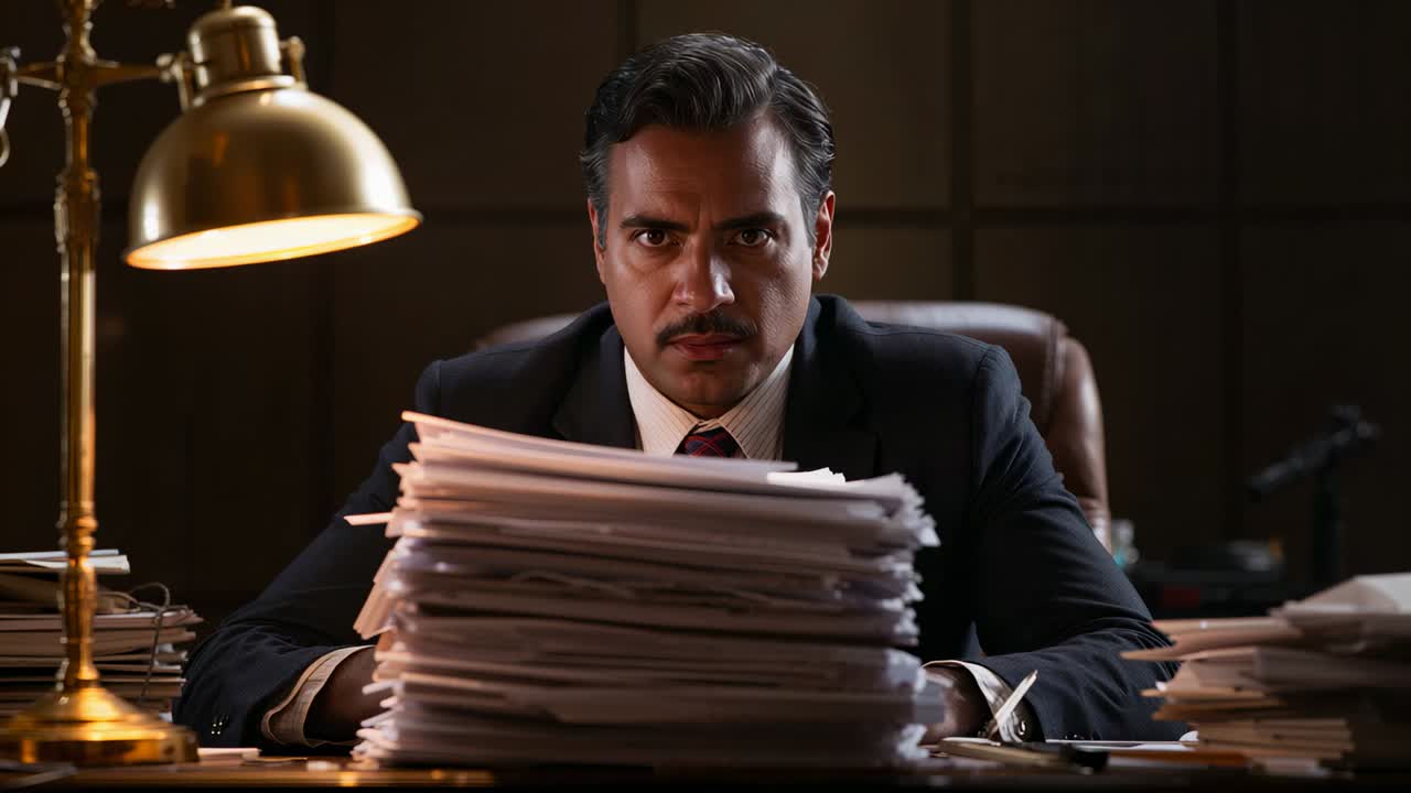 Glancing down, man in dark suit reviewing documents in office, reaching for microphone to respond
