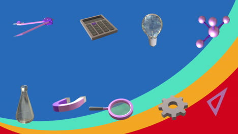 animación de iconos educativos y escolares sobre un fondo ondulado de colores