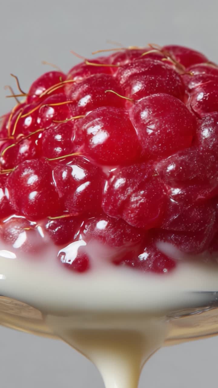 A close-up view of glistening red berries resting atop a creamy, smooth surface, highlighting the exquisite details of this delectable treat