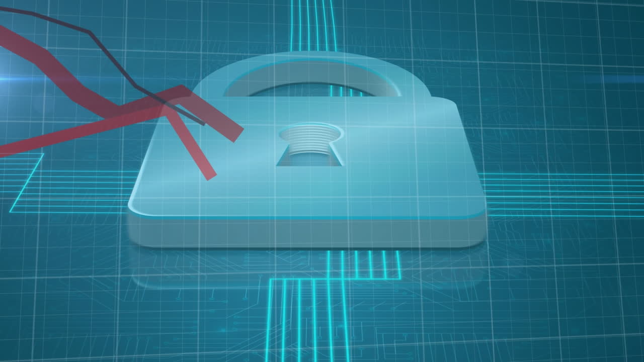 animación de flechas y candado de seguridad digital sobre fondo azul