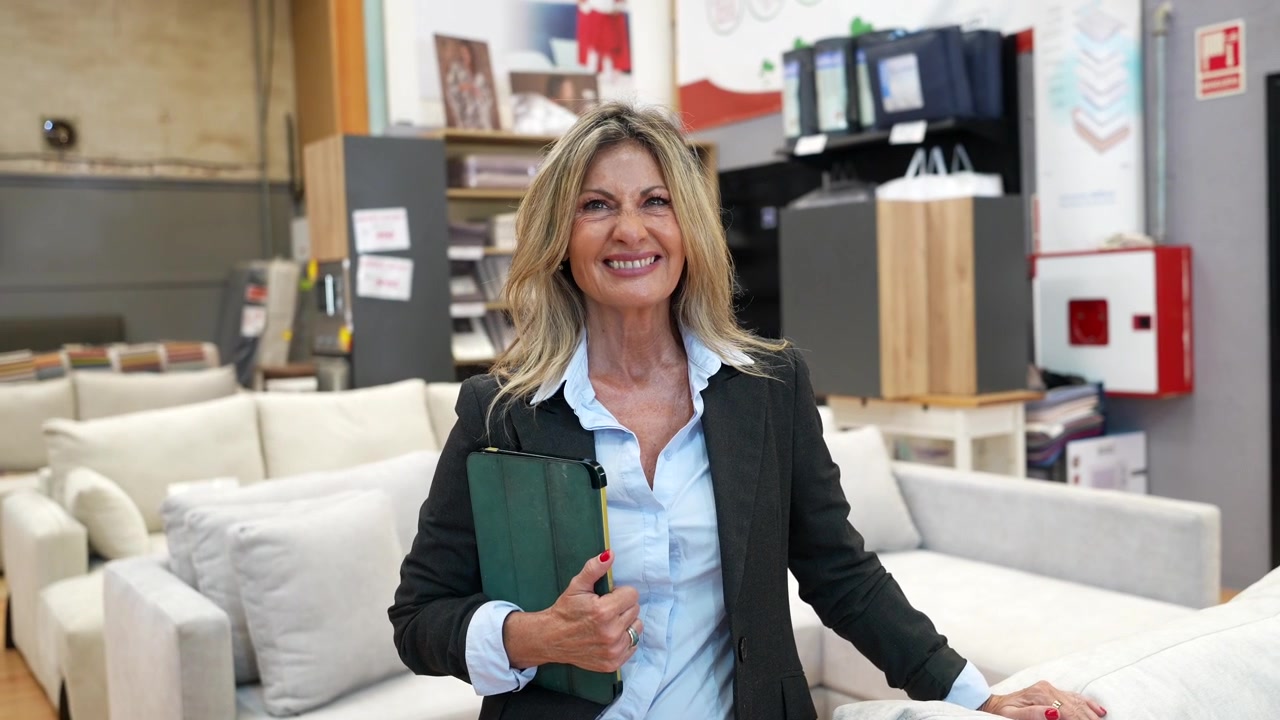 Donna d'affari matura e sicura di sé che sorride in un negozio di mobili