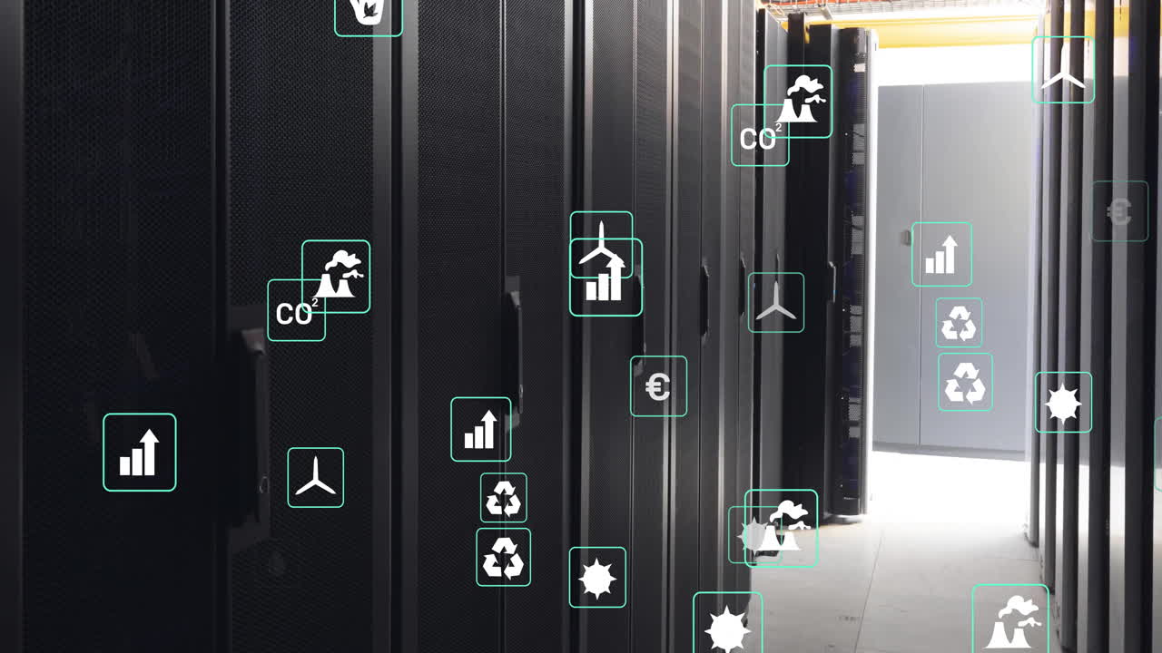 Animation af miljøikoner og databehandling over computerservere.
