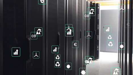 animation of eco icons and data processing over computer servers