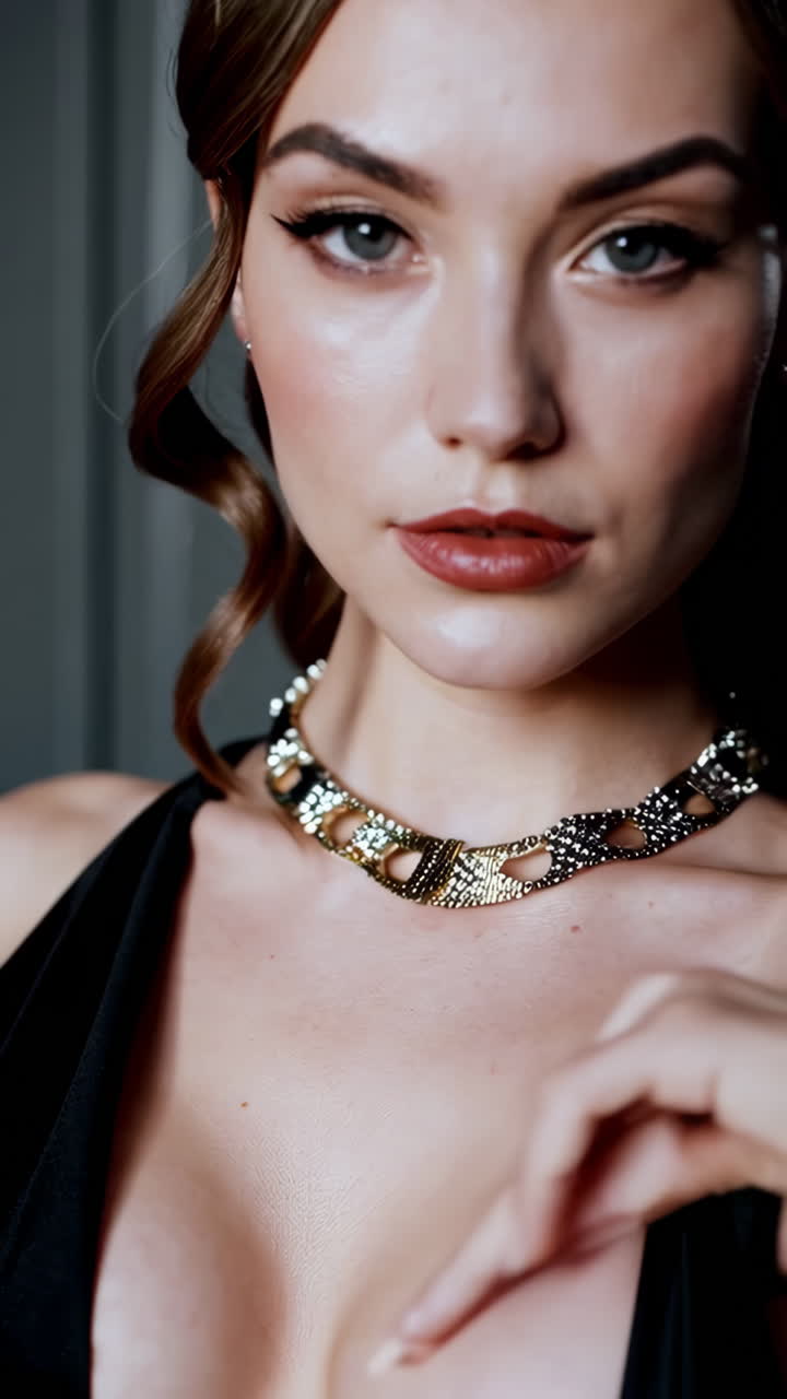Donna elegante che indossa una collana importante e un abito nero.