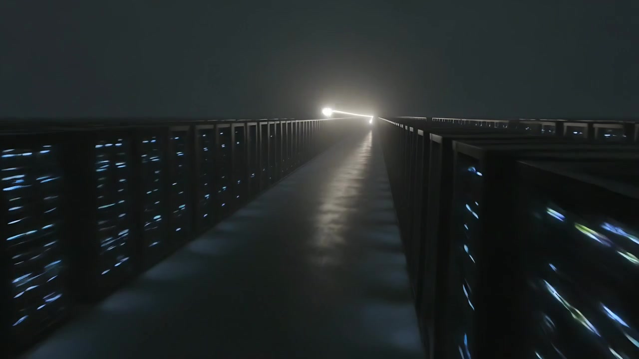 Telecamera che avanza lungo uno stretto corridoio di un datacenter, rivelando rack di server e una striscia LED.