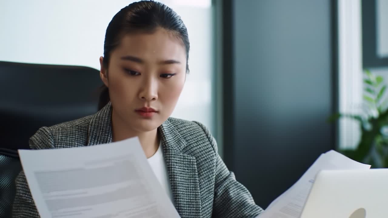 A professional woman concentrates on her tasks at a sleek desk in a contemporary office. The environment features clean lines, greenery, and natural light streaming in, highlighting her dedication.