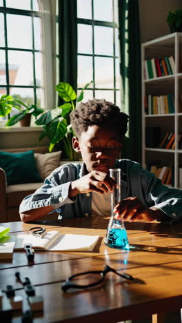 young boy engaged in a science experiment with blue liquid