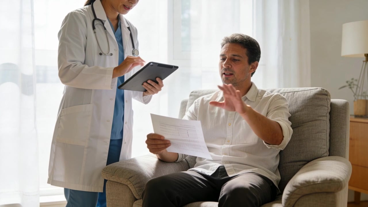 Pasien memberi isyarat memegang kertas dan bertanya di rumah, dokter/klinisi mengenakan jas lab dan stetoskop mengetuk tablet