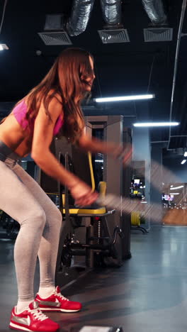 muscular fitness woman trains triceps with two cables by her hands on the background of a new fitness center. fit woman exercise with cable crossover in gym. vertical video