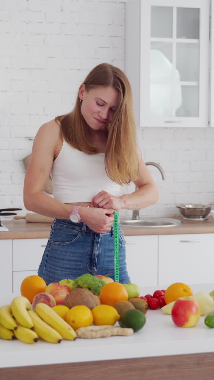 Slim woman measures her waist in the kitchen. Happy girl in jeans standing near the table full of fresh fruit and vegetables at home. Young lady loses weight. Vertical video