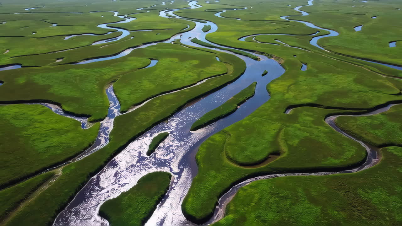 Aerial View of Meandering Rivers and Wetlands
