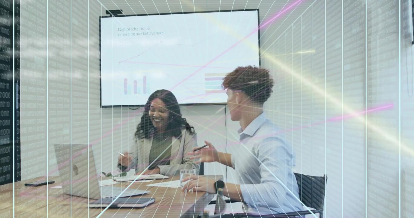 Female and male professionals starting business meeting writing notes pointing at animated charts