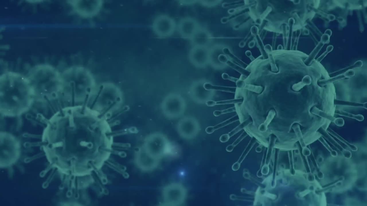 Animation af spredende makro-coronavirusceller på blå baggrund