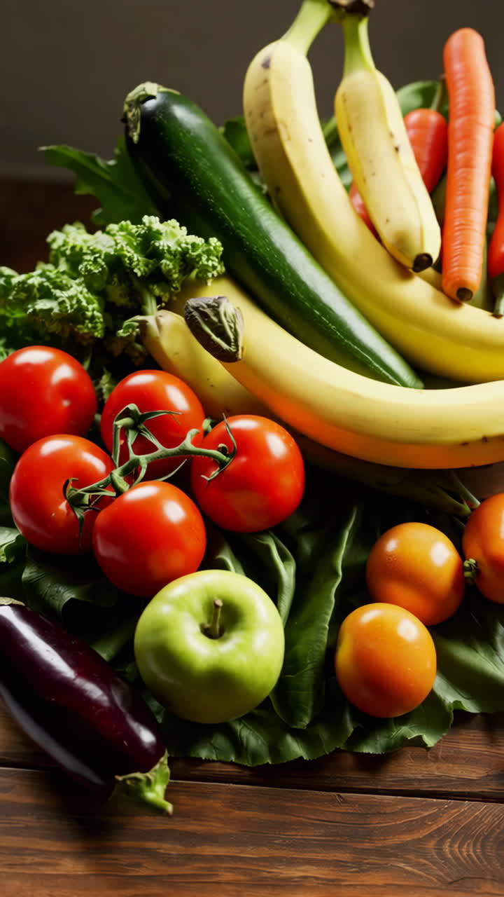 나무 테이블에 신선한 과일과 채소