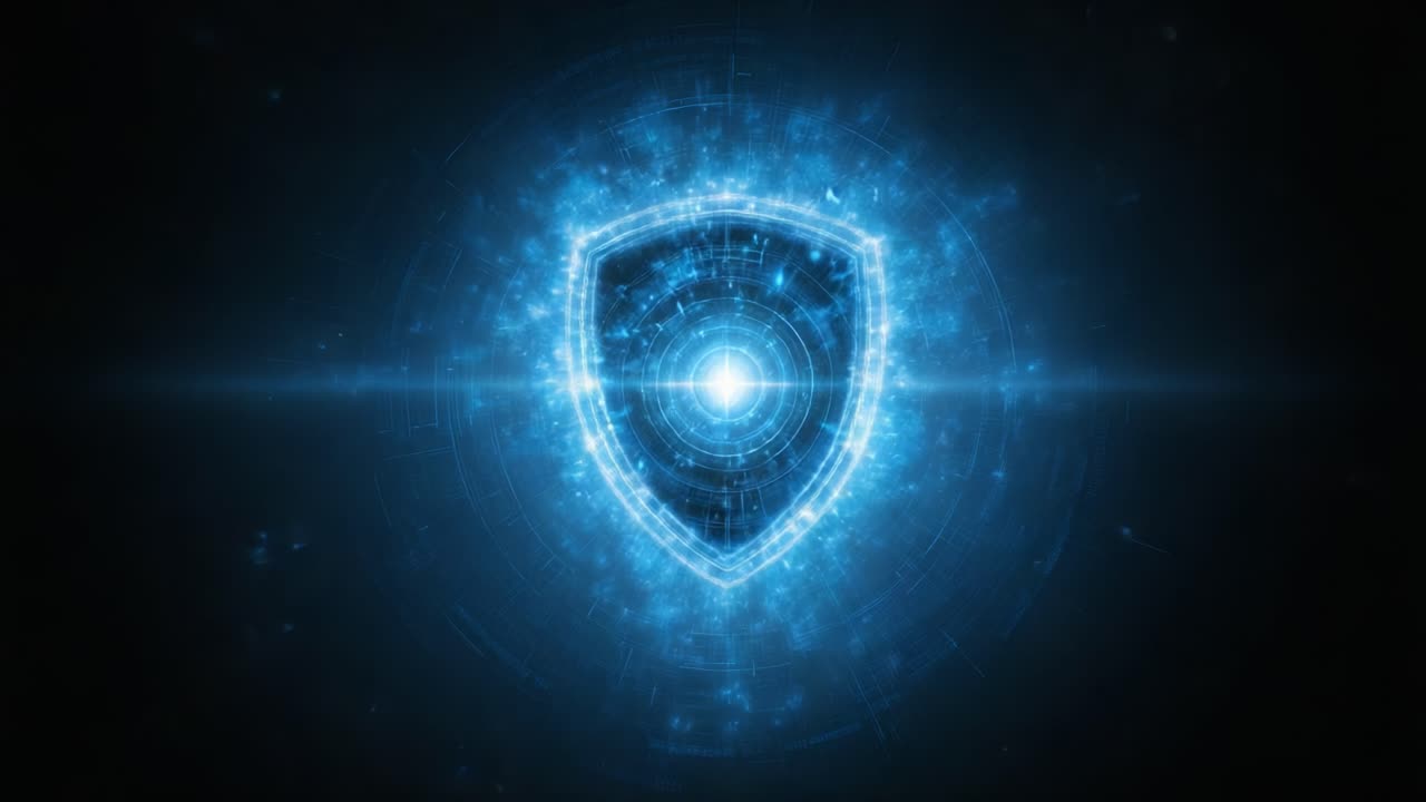 A Stunning Blue Digital Shield Surrounded by Glowing Particles, Representing Cybersecurity and Protection in a Futuristic Landscape
