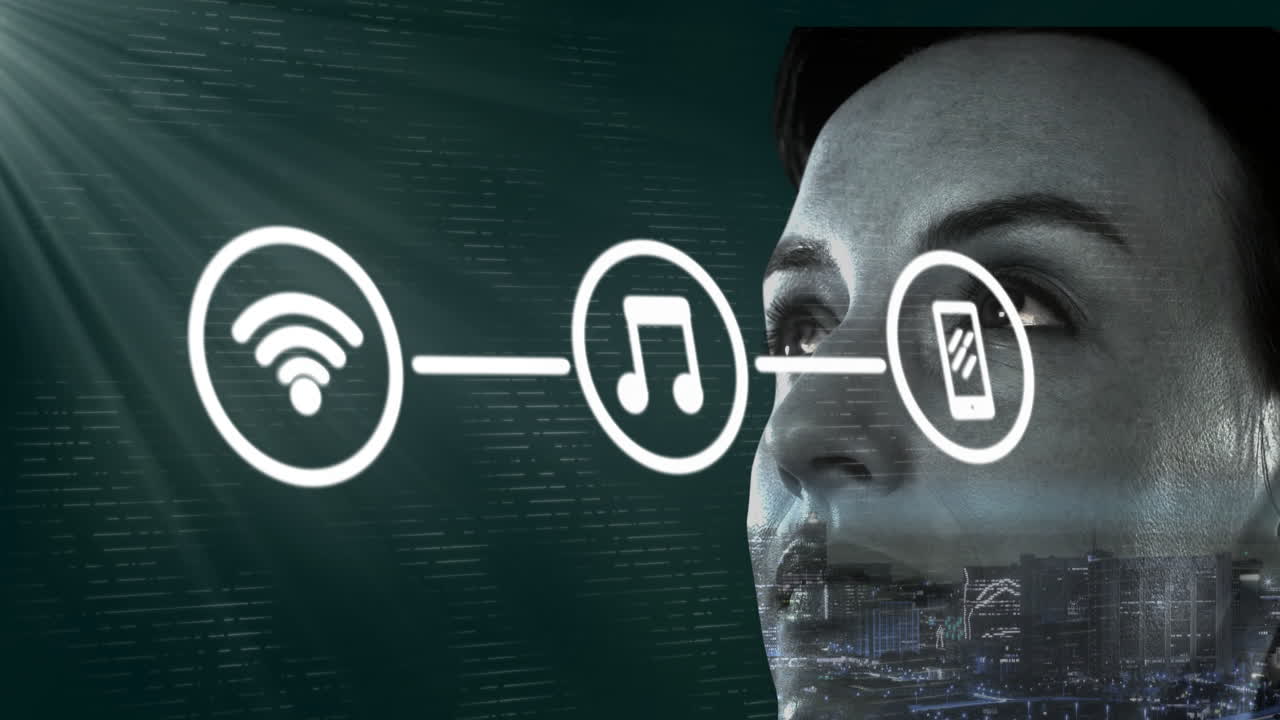 In school, animation of digital icons and binary code over thoughtful student
