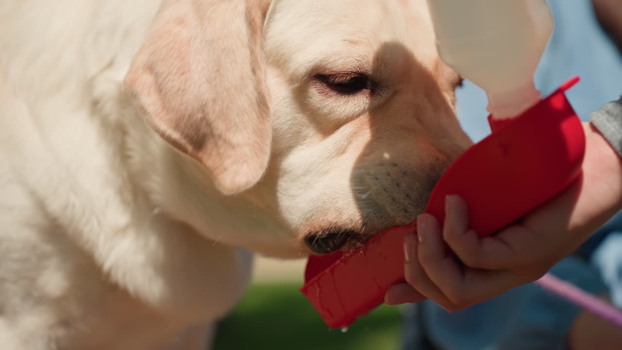 햇볕이 좋은 날 공원에서 하얀색 래브라도가 휴대용 물병으로 물을 마시는 동안, 사려 깊은 주인이 밖에서 산책하는 동안 래브라도의 수분 보충을 도와주는 모습 클로즈업