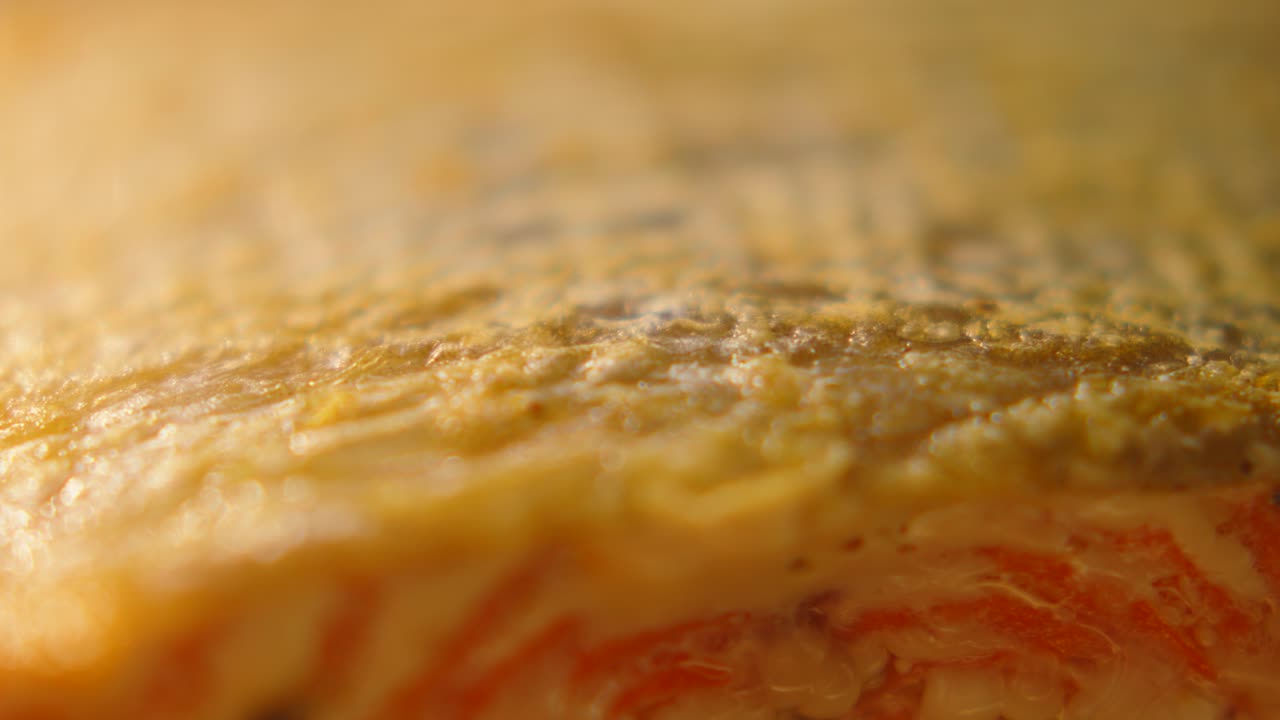 Macro View of Crispy Salmon Skin Under Natural Light with Rough Textured Details and Shallow DOF. Close Up of Delicious Healthy Seafood Rich in Omega-3