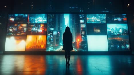 woman facing a wall of screens displaying cityscapes at night