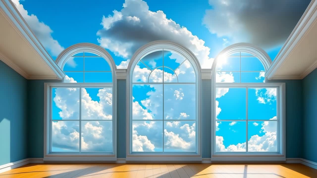 Bright cloud view from spacious interior. Sunlight streams into a large room through arched windows, highlighting fluffy clouds against a blue sky.