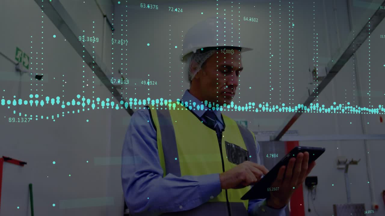 Plant inspector raising and tapping tablet on plant floor causing data overlays confirming metrics