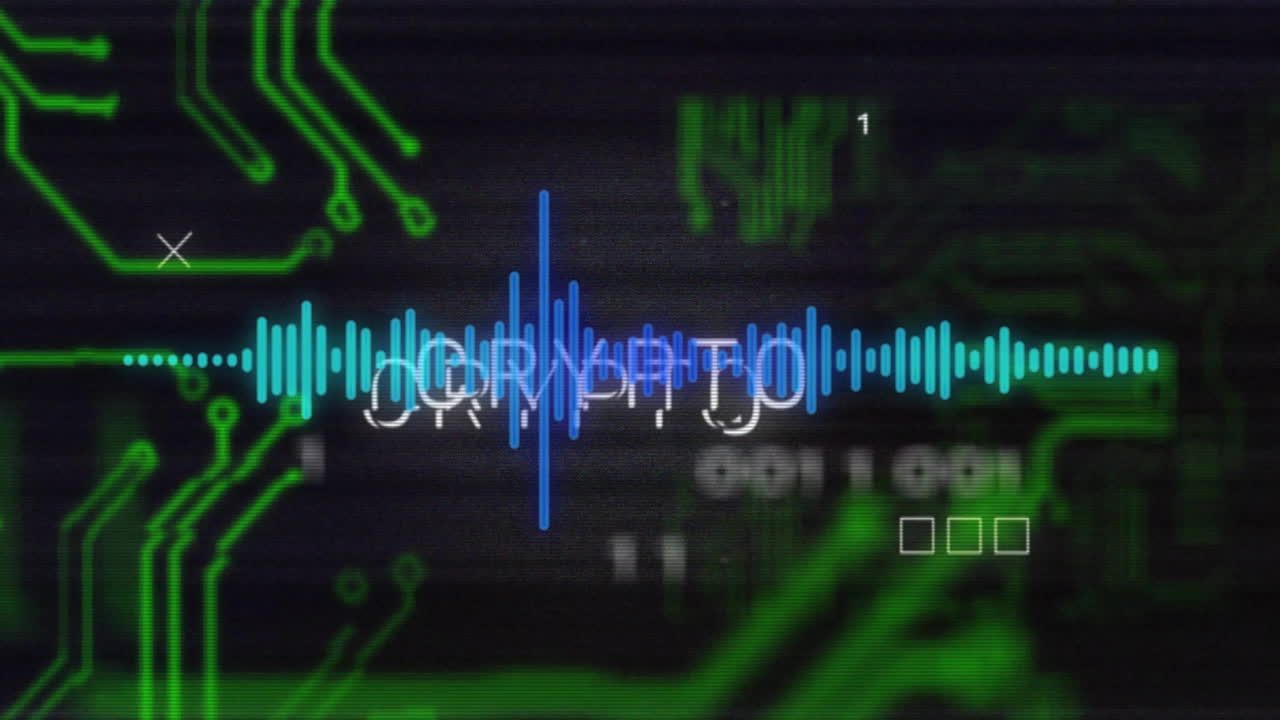 animación de texto criptográfico sobre placa de circuito verde y elementos de procesamiento de datos