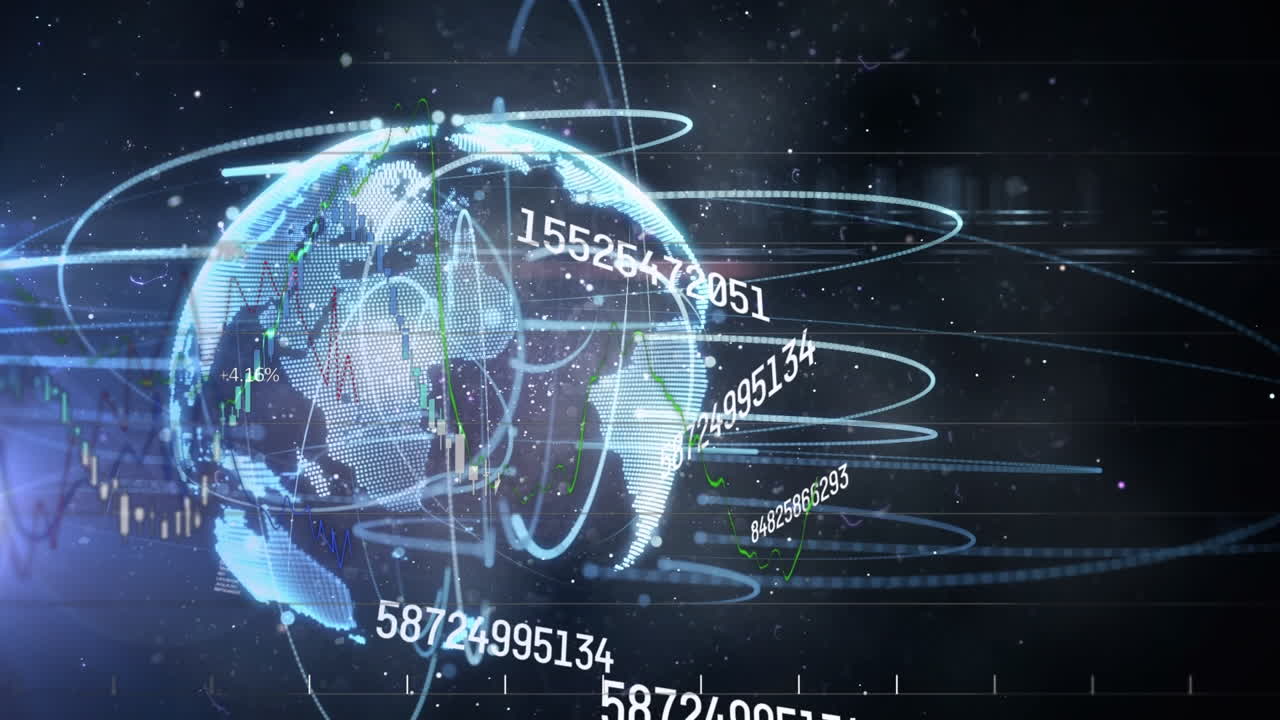 Animation of globe with data processing on black background