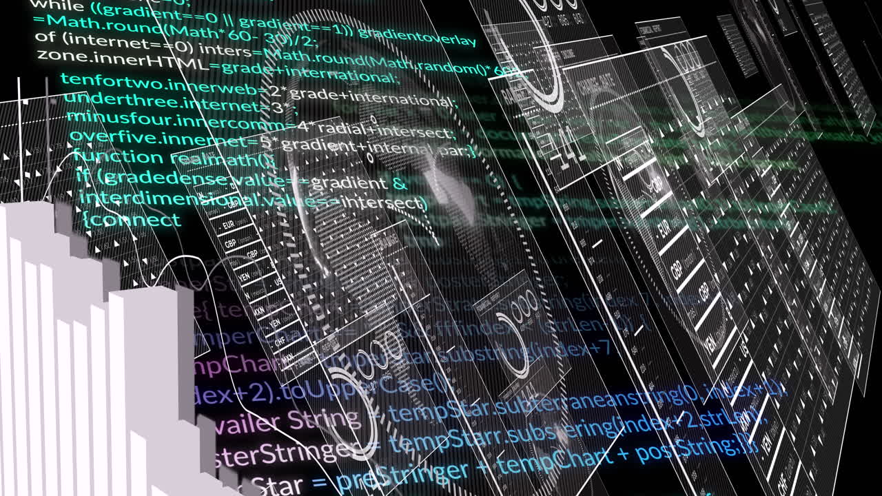 Animation of financial data processing on screens over black background