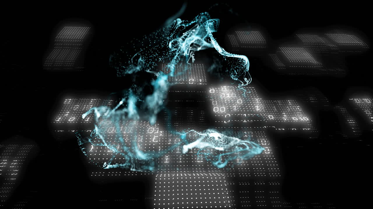Animation of digital particles forming abstract shape over binary code and circuit patterns