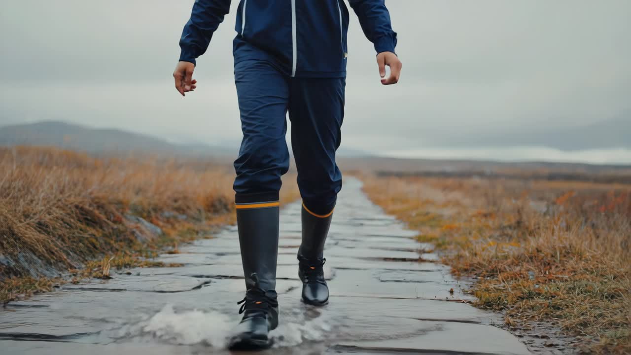 Person walking on a path in the rain